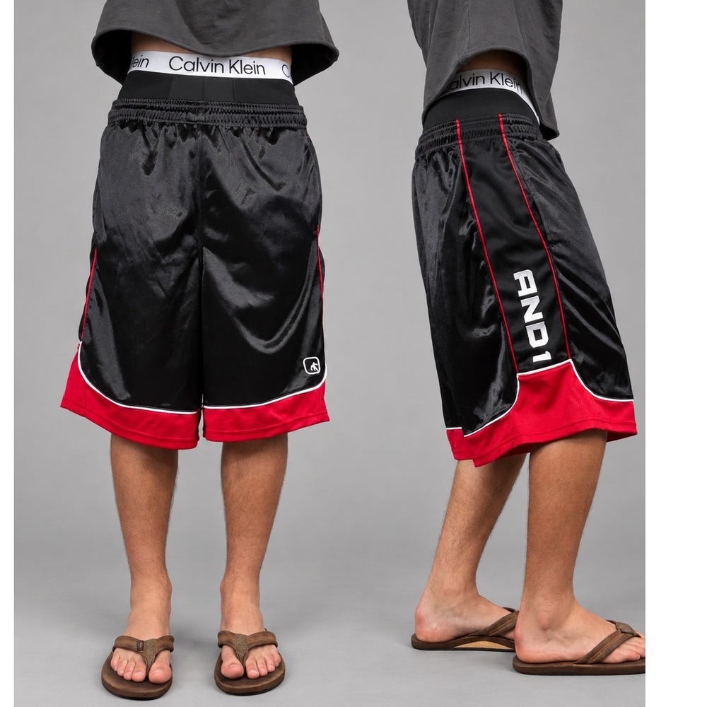 Vintage AND1 Baggy Dazzle Basketball Shorts Black Red Mens L Y2K Long